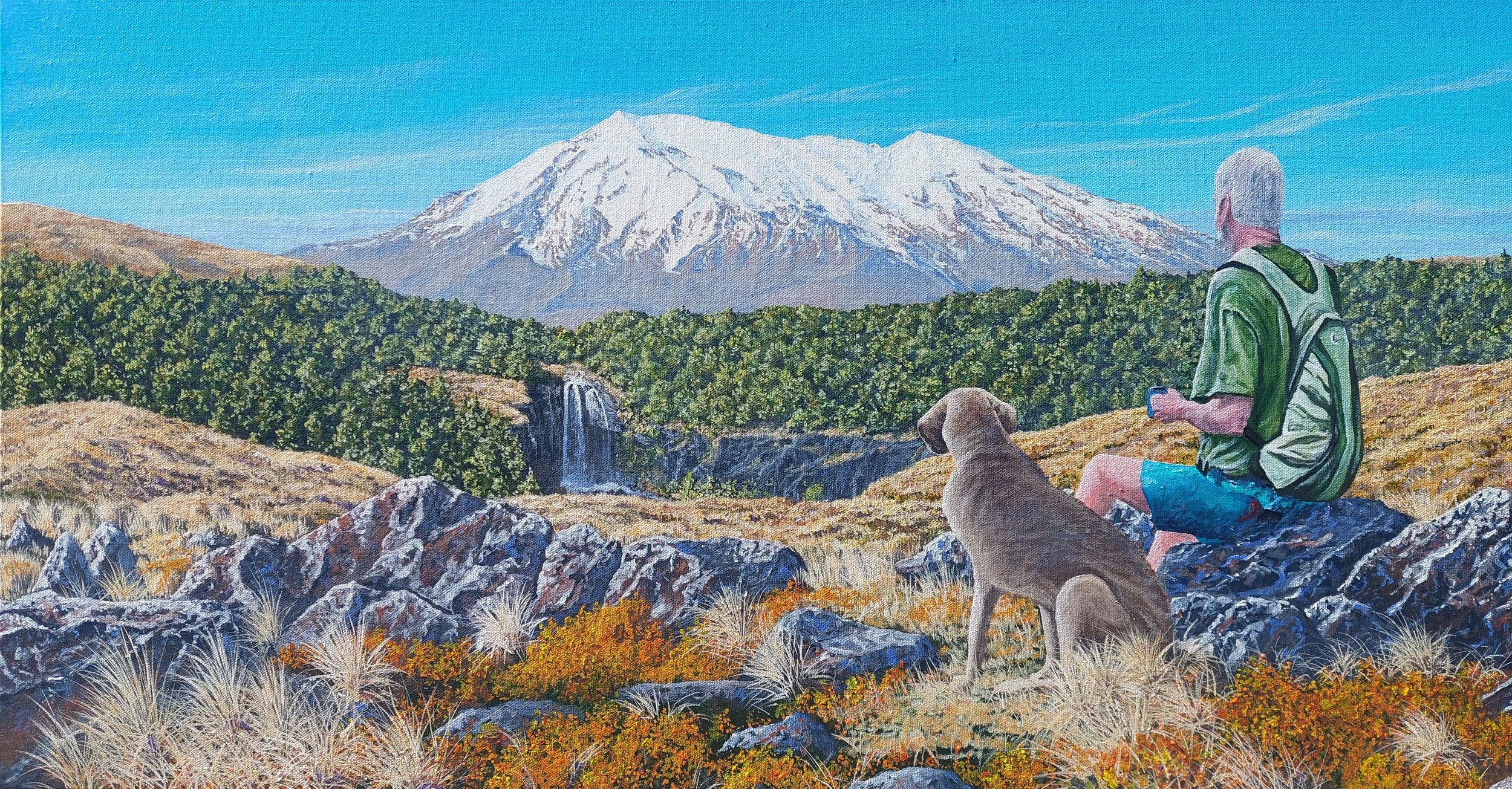 A man with gray hair, wearing a green jacket, blue shorts, and hiking gear, sits on a rock with a dog beside him, overlooking a landscape with a waterfall, green forests, and a snow-capped mountain in the distance under a blue sky, by Hawkes Bay Arti