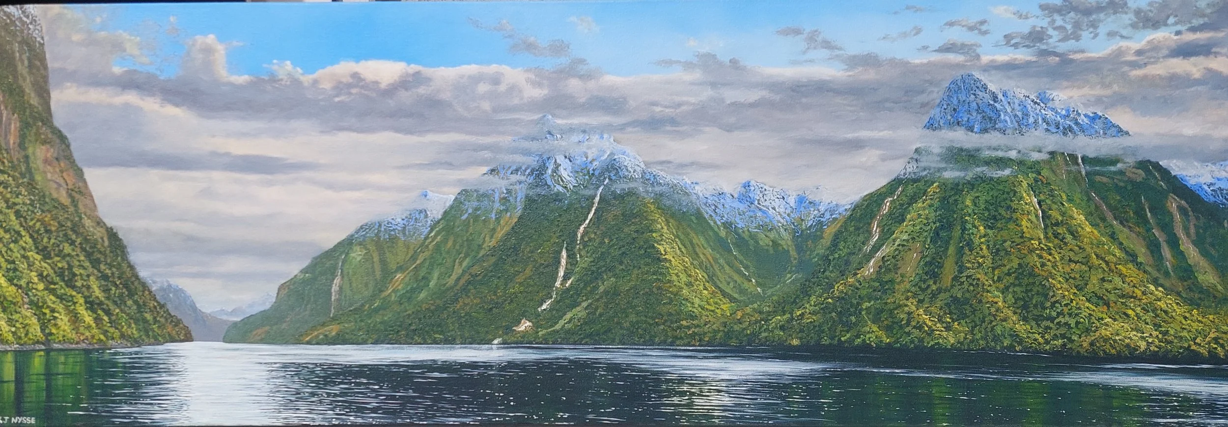 Doubtful Sound Stillness - oil on canvas HxW 41x122cm (on display at Quay Gallery - Whitford-Auckland)