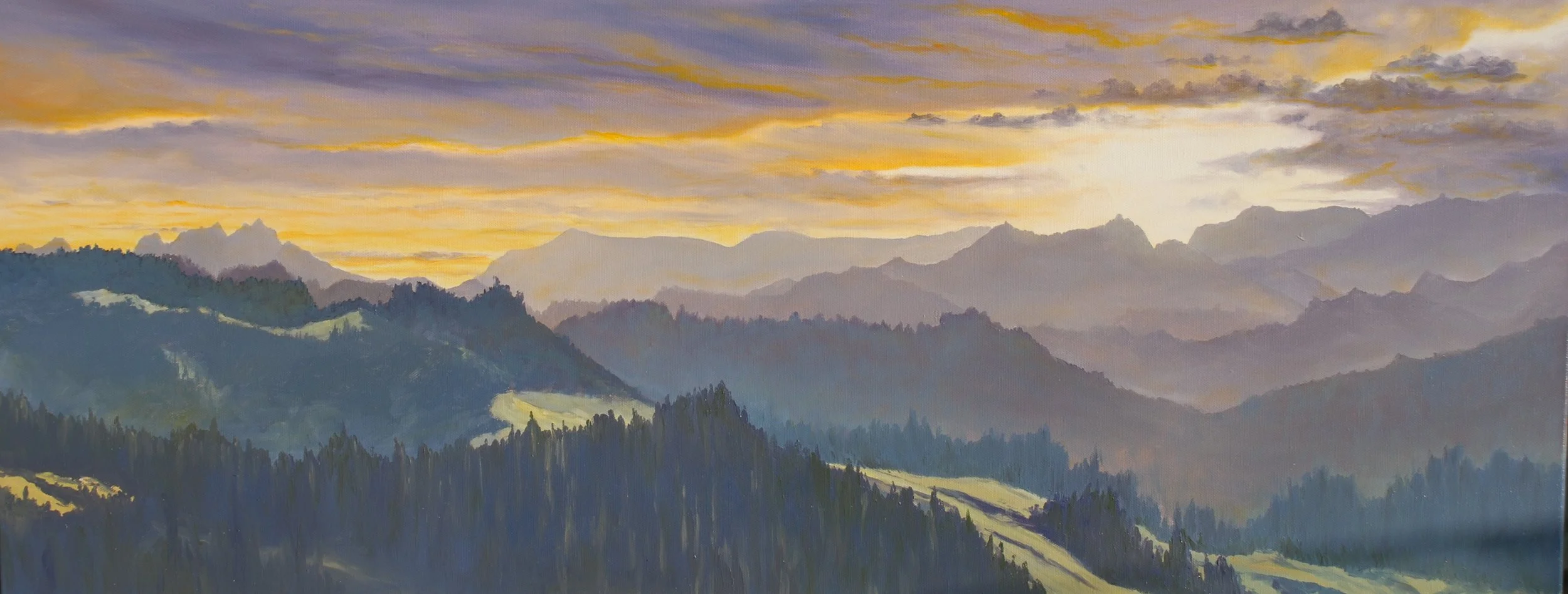 Coromandel Ranges at Sunset - oil on canvas - HxW 40x102cm : $1,200 - contact Artist