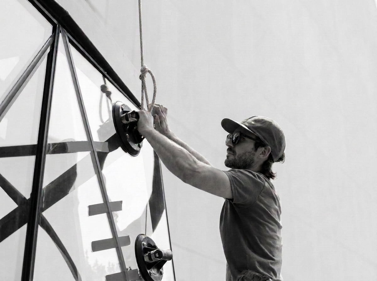 A person wearing sunglasses, a hat, and a t-shirt is cleaning a large glass surface with a squeegee.