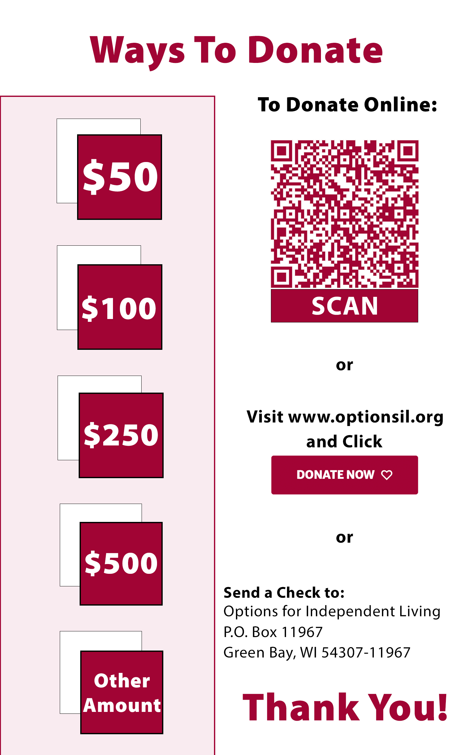 Options for Independent Living Donation Card