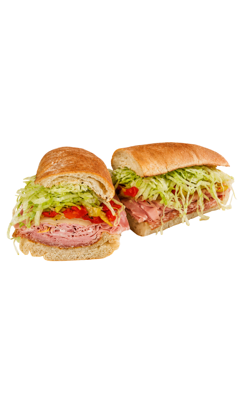 || MY COUSIN VINNY ·  LC EXCLUSIVE ||
Genoa Salami, Italian Mortadella w/ Pistachios, Provolone, Three Pepper Slaw, Iceberg Lettuce, Papa's Aioli, on Toasted Baguette