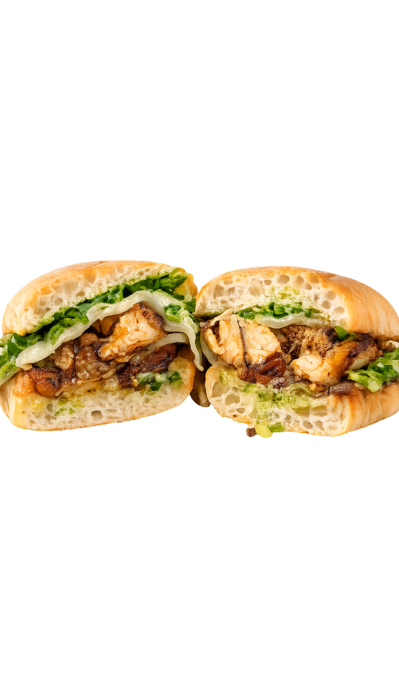|| SPICY CHICKEN PESTO · BBNK EXCLUSIVE ||
Grilled Papa’s Spicy Chicken, Provolone, Caramelized Onion Jam, Sun Dried Tomatoes, Arugula, Papa’s Aioli, Papa’s Pesto, on Ciabatta