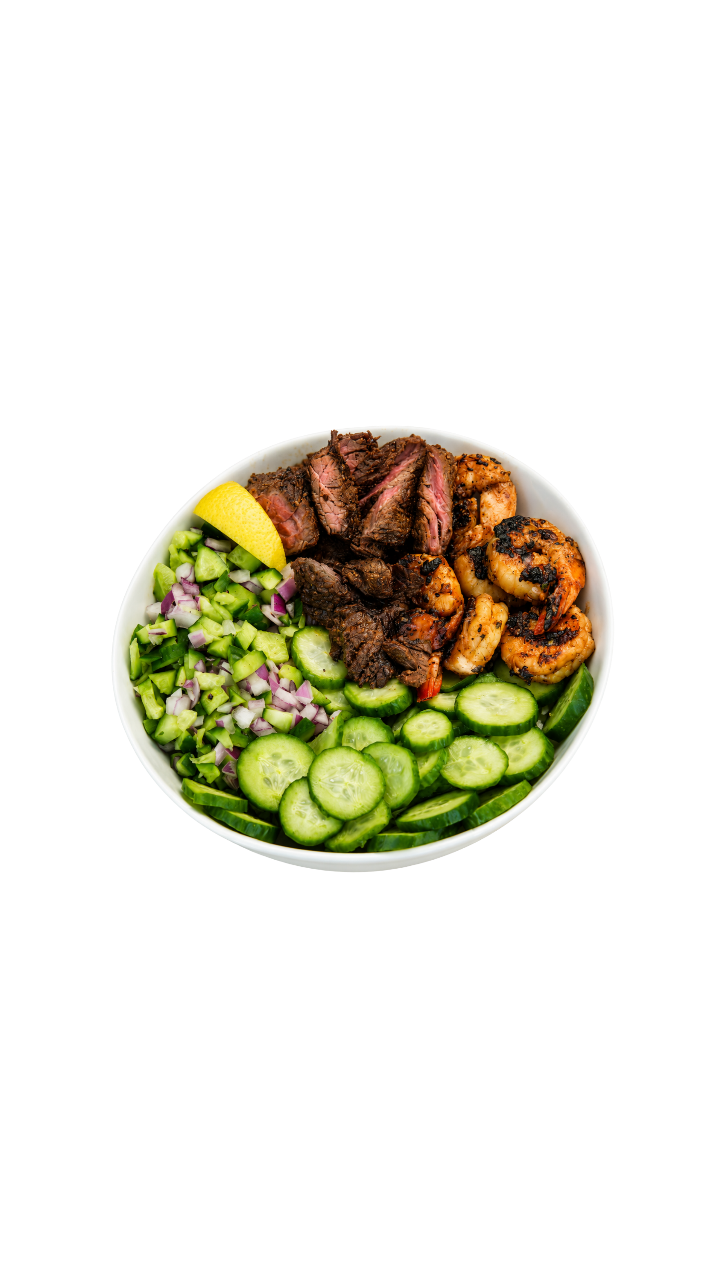 || SURF N' TURF  · BBNK EXCLUSIVE ||
Papa's Marinated Crack Shrimp & Angus Beef, White Rice, Shirazi Salad, Cucumber