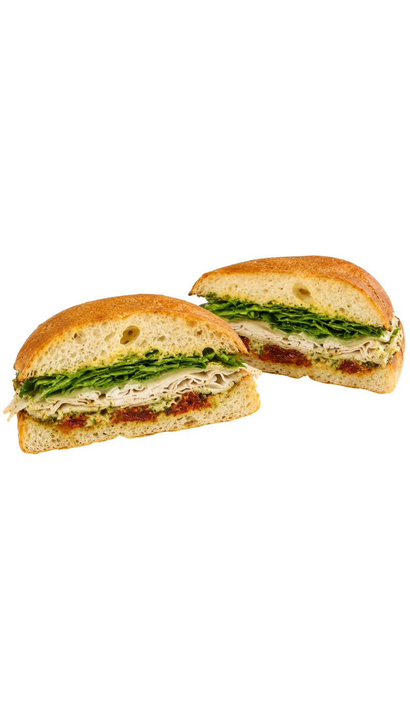  || TURKEY PESTO ·  LC EXCLUSIVE ||
Herb Turkey, Sun Dried Tomatoes, Basil Pesto, Balsamic Onion Jam, Provolone, Arugula, Papa's Aioli, on toasted Matnakash