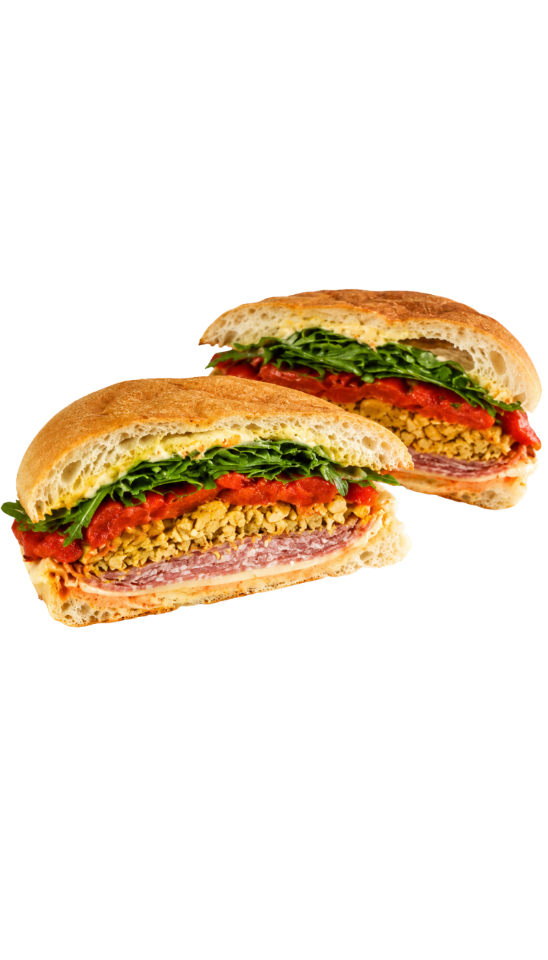 MILANO · 
Italian Salami Sopressa, Swiss, Roasted Red Pepper, Crushed Salt and Vinegar Chips, Arugula, Romesco, Papa’s Aioli, on Ciabatta