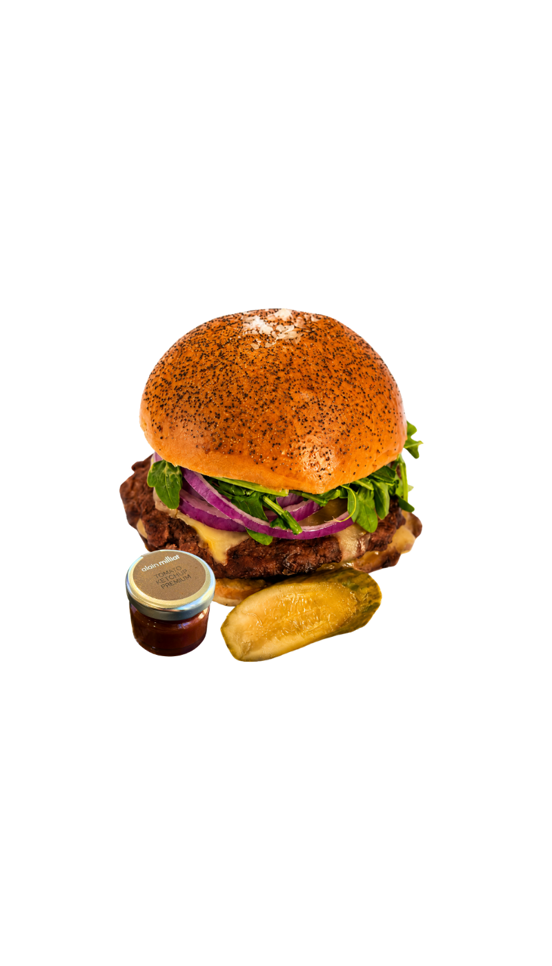 || THE ROOM SERVICE BURGER ·  BBNK EXCLUSIVE ||
Two 100% Angus Blend Burger Patties, Cheddar and Swiss Cheese, Arugula, Red Onions, Papa’s Garlic Aioli on an Artesian Bun, with a Spicy Pickle and Alain Milliat Premium Tomato Ketchup on the side