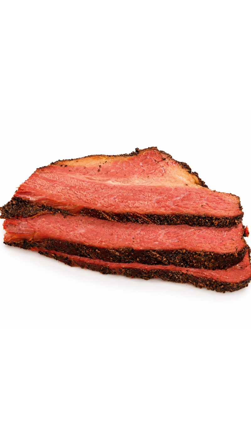 1/2 LB SLICED 14-HOUR SMOKED BRISKET PASTRAMI ·
