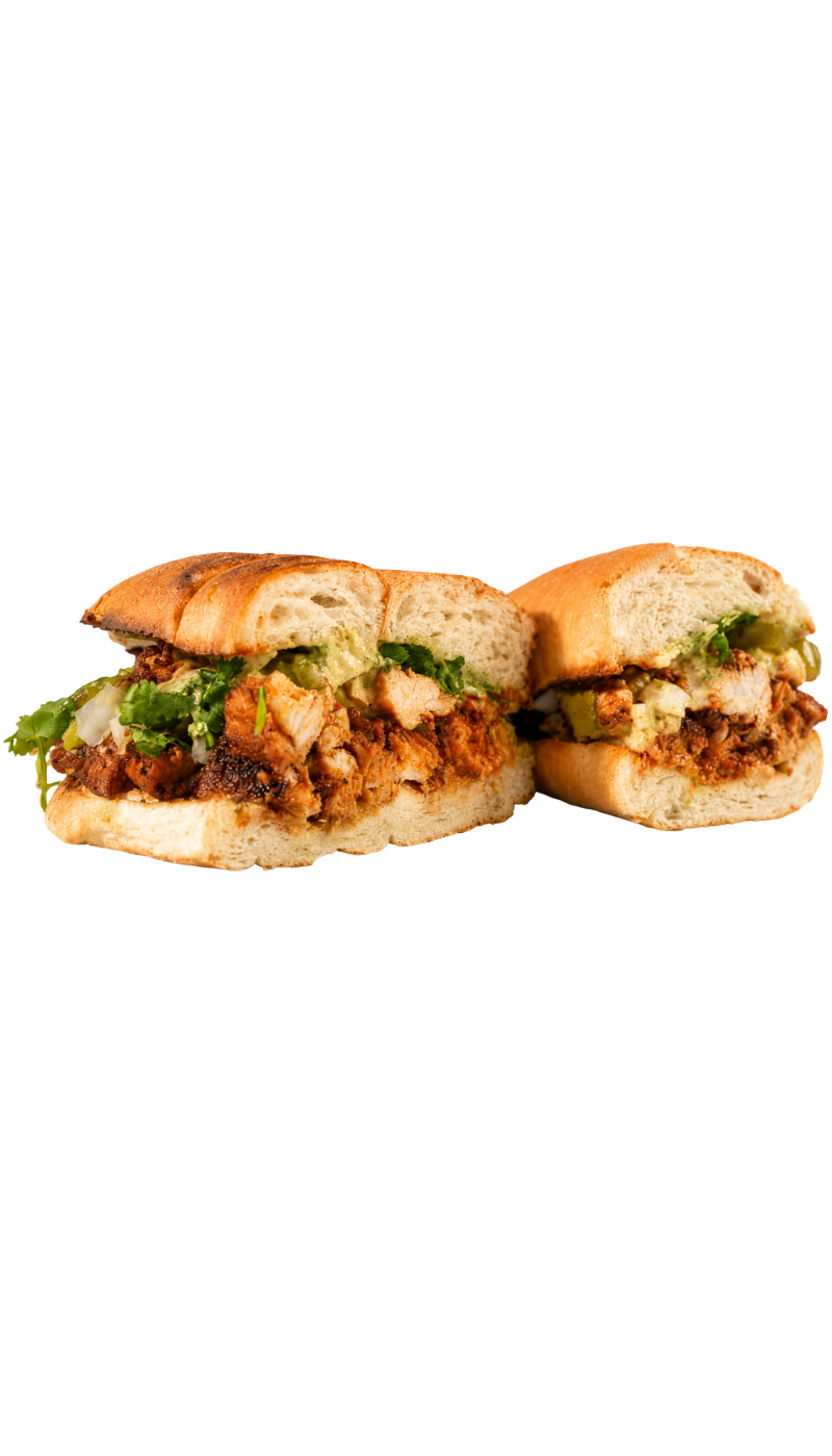 || SPICY CHICKEN TORTA ·  BBNK EXCLUSIVE ||
Grilled Papa’s Spicy Chicken Breast, Cilantro, Onion, Mayo, Papa’s Green Sauce (Jalapeño Crema), on Bolillo Bread