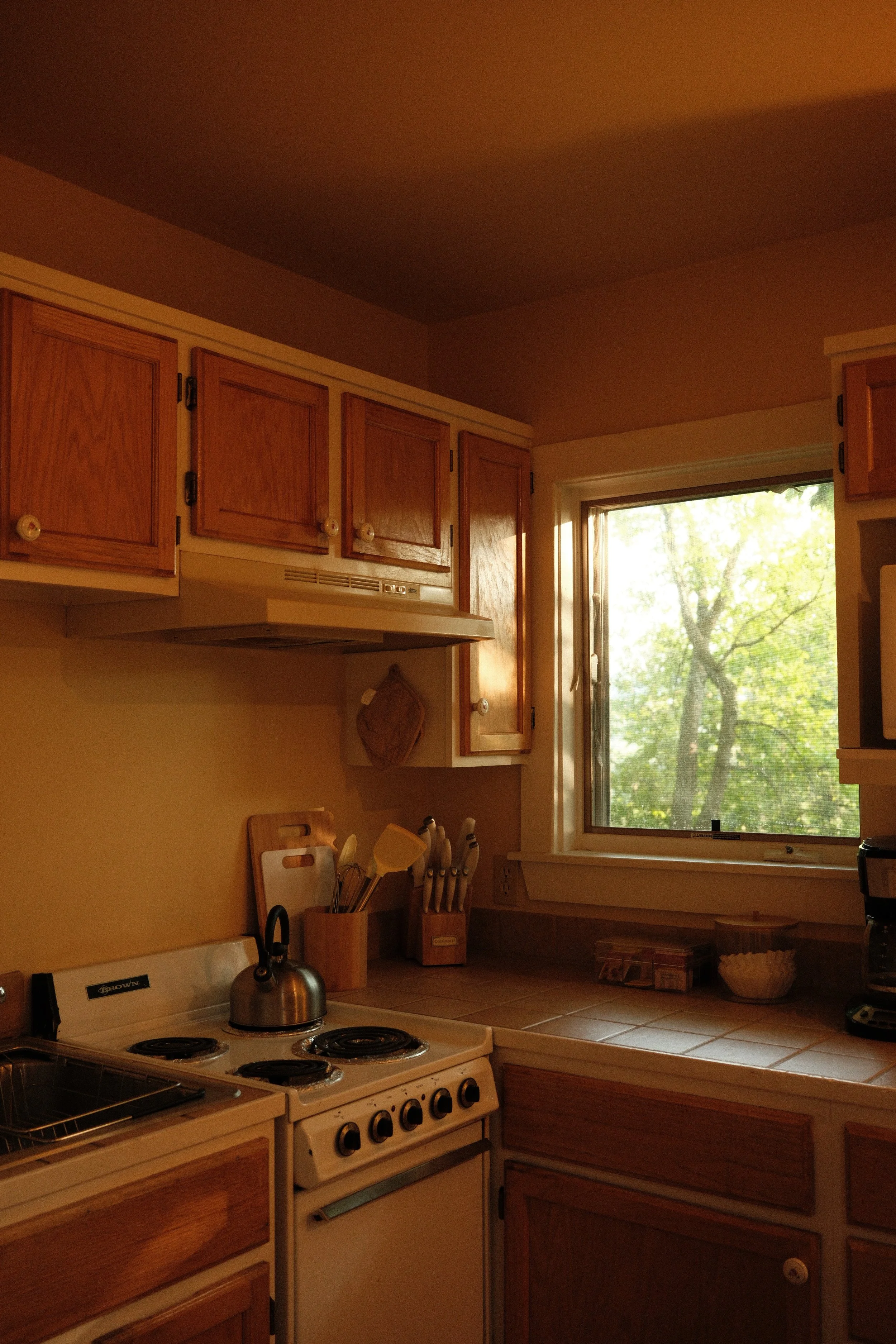 A kitchen with wooden cabinets, a window showing trees outside, a stove with a kettle, and various kitchen utensils on the counter.