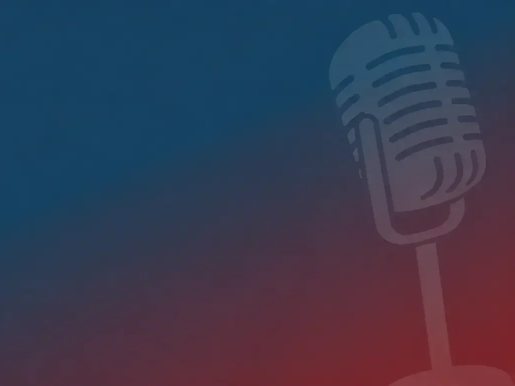 A stylized microphone icon on a gradient background with shades of blue, purple, and red.