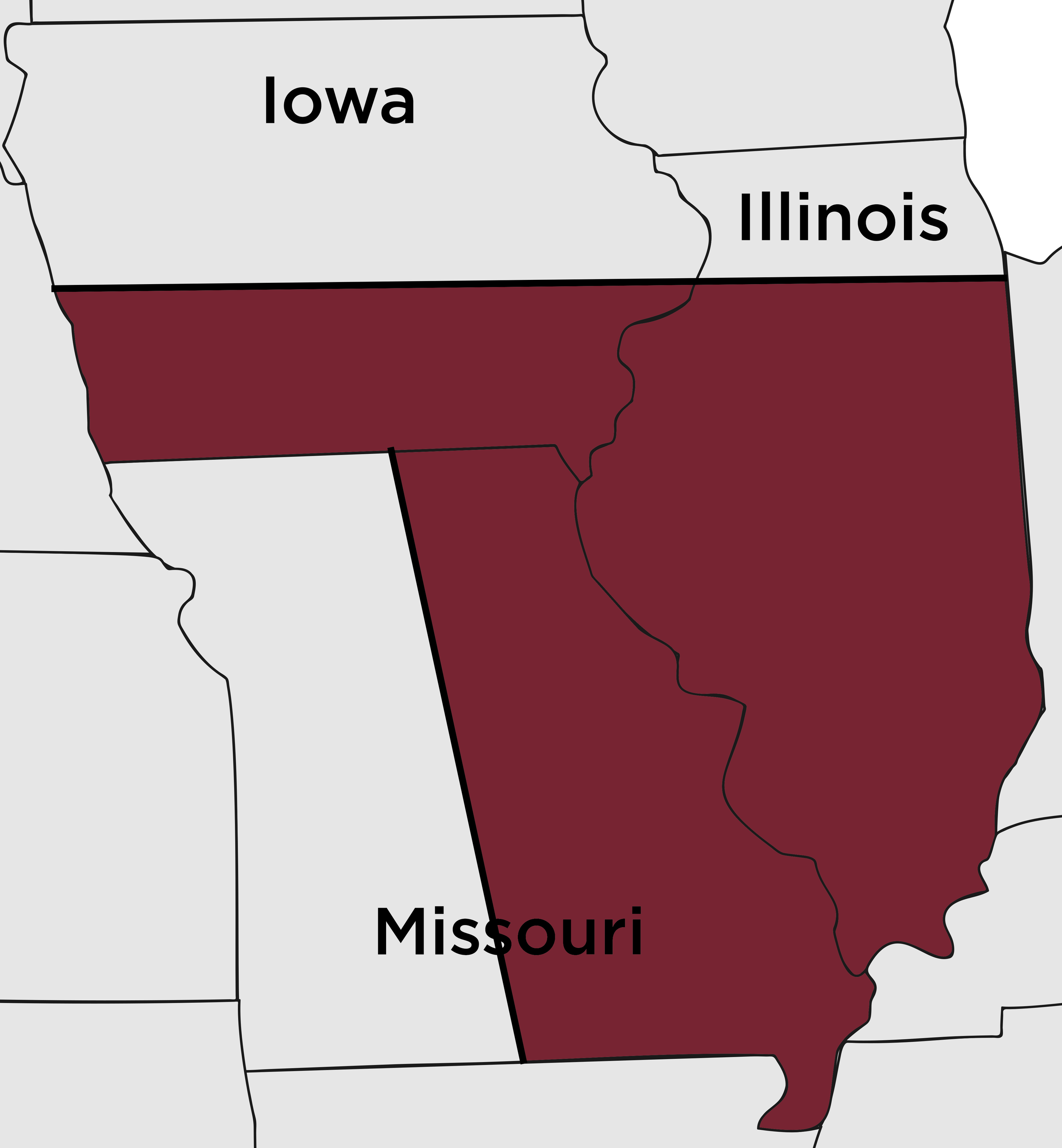 Map highlighting Iowa, Illinois, Missouri, and surrounding states with their names.