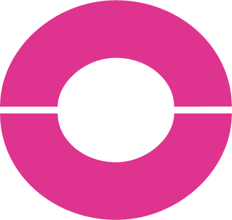 A pink and black circular logo or design with a horizontal line through the center.