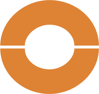 A stylized, circular, orange and black logo with a central black circle and two horizontal orange bars across it.
