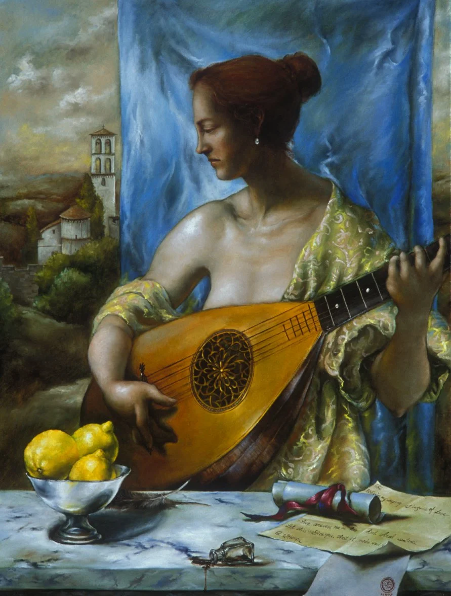 A painting of a woman with red hair playing a lute, draped in a yellow and green patterned cloth, with a blue curtain background. On a table in front of her are lemons in a silver bowl, a scroll tied with a red ribbon, and a rolled-up letter.