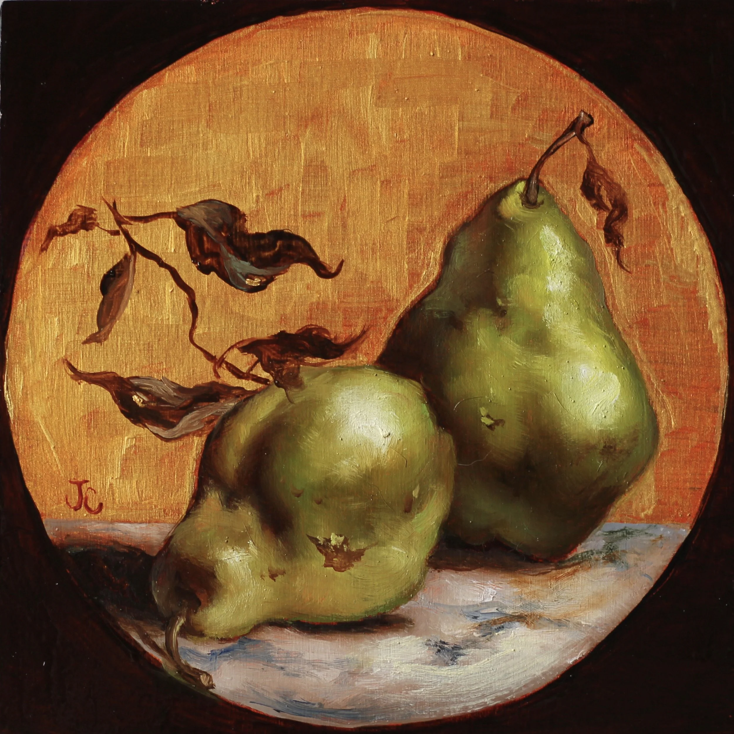 Pears in Gold	
6 x 6 inches	
Oil on Wood