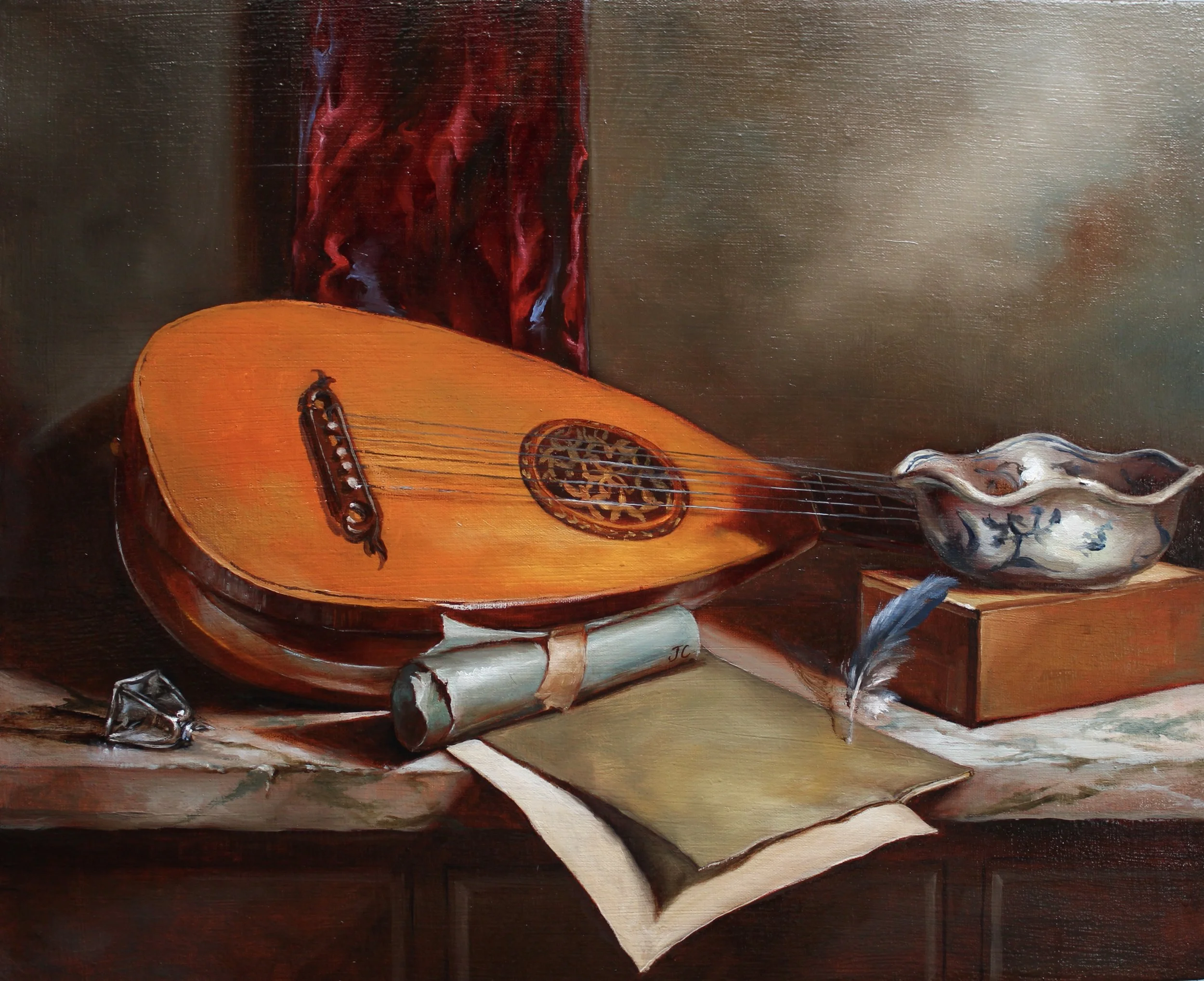An oil painting depicting a classical scene with a guitar resting on a table, a broken pipe, and a decorative porcelain bowl, with a textured brown background.