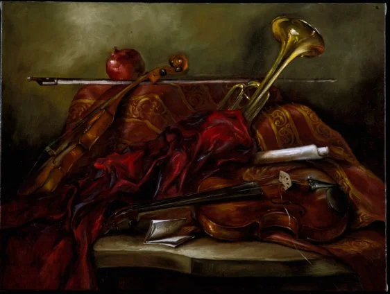 Still life painting of a violin, a trumpet, a rifle, a violin bow, a red cloth, an apple, a small jar, and a pipe arranged on a cushioned surface with a green background.
