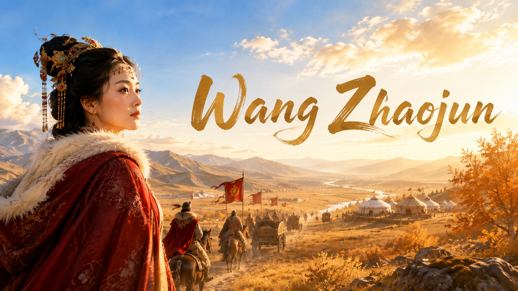 A woman dressed in traditional Asian attire with intricate jewelry and a regal gown, set against a scenic landscape with mountains, a river, and a village with tents, during a sunset or sunrise.