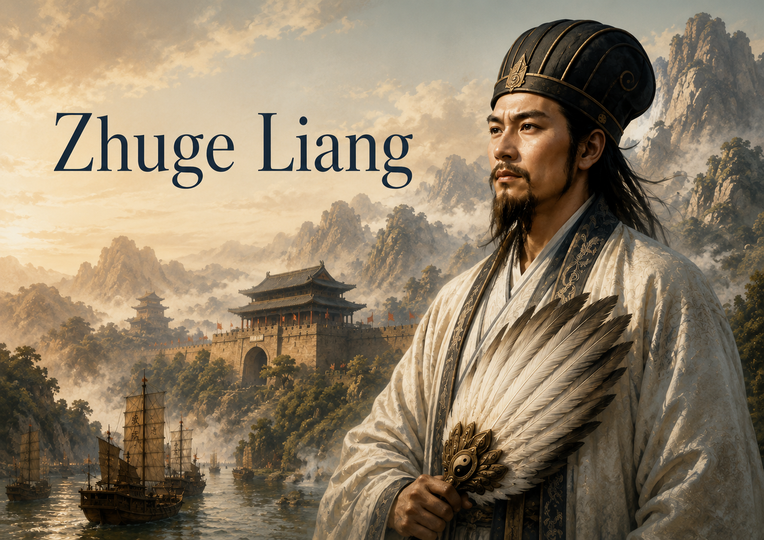 A man dressed in traditional ancient Chinese clothing, standing in front of a mountainous landscape with a castle and ships on a river at sunset.