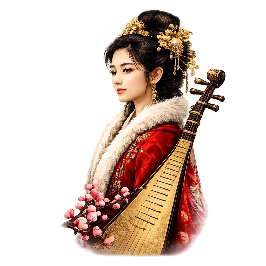 A woman dressed in traditional Chinese attire holding a pipa, adorned with gold jewelry and flowers, against a black background.