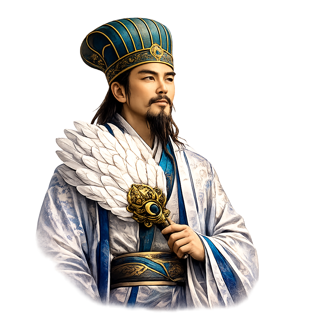 A man dressed in traditional Asian warrior costume, holding a feathered fan with an ornate lion head handle.