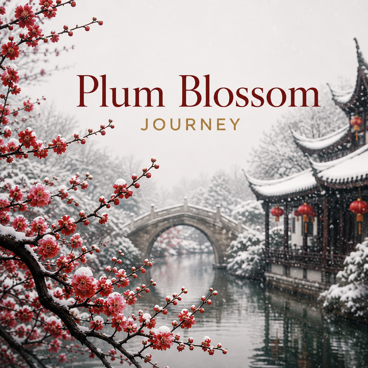 Snow-covered traditional Asian pavilion with curved roofs and hanging lanterns, a snow-blanketed bridge and a blossoming plum tree in the foreground.