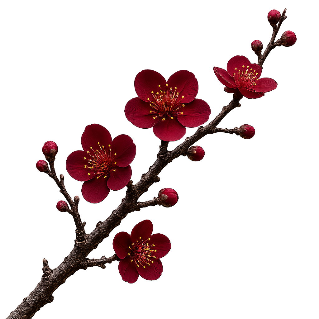 A close-up of a branch with dark brown bark and red blossoms with yellow stamens, some in full bloom and others as buds.