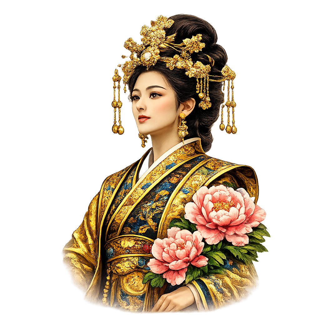 An Asian woman in traditional ornate gold and black attire with pink flowers in her hand, wearing elaborate gold jewelry and a large gold headdress.