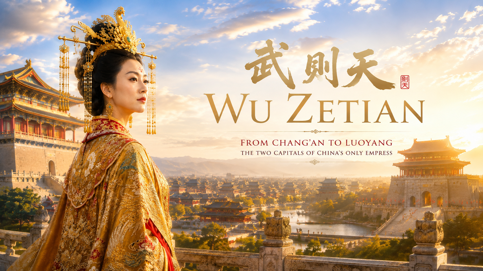 A woman dressed in traditional Chinese imperial attire with an ornate gold headdress, standing in front of historic Chinese architecture against a scenic backdrop of a city, river, and mountains at sunset. Text on the image reads "Wu Zetian" and information about the historical figure.