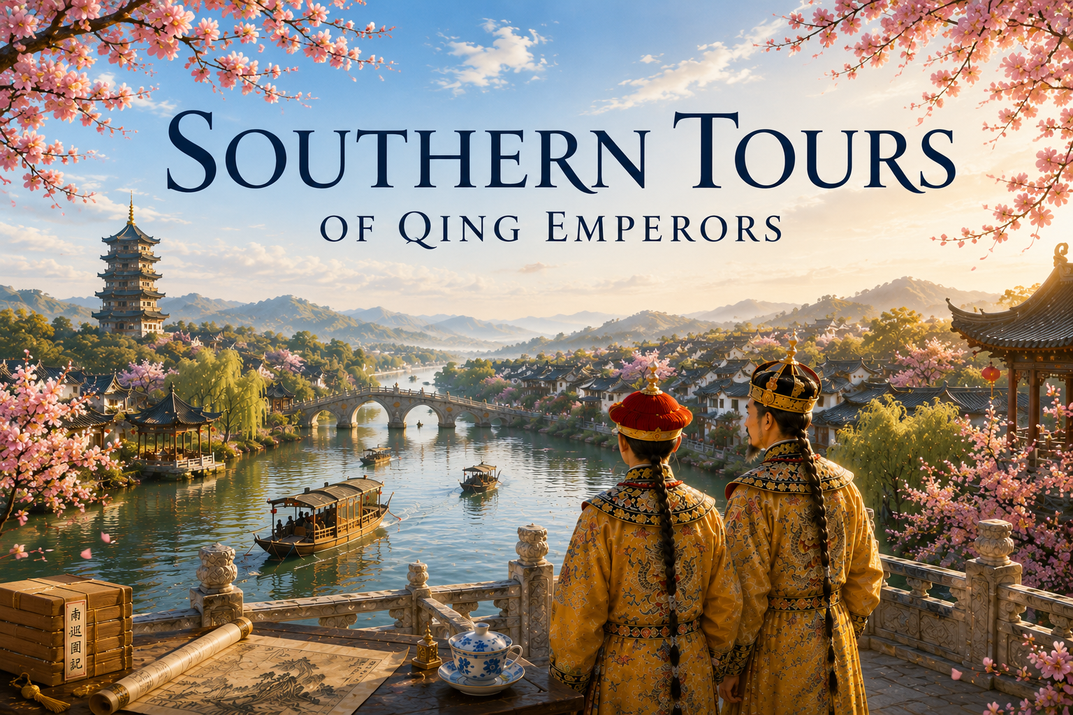 Silhouette of two traditional Qing dynasty officials in ornate robes and headpieces overlooking a scenic river with boats, surrounded by cherry blossoms and traditional Chinese architecture under a bright sky.