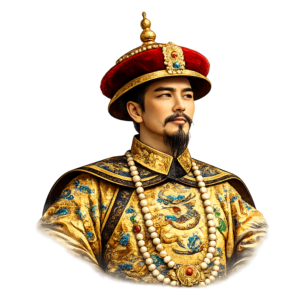 Portrait of a man dressed in traditional Chinese emperor attire, wearing a red and gold headdress, ornate robes with dragon embroidery, and pearl necklaces.