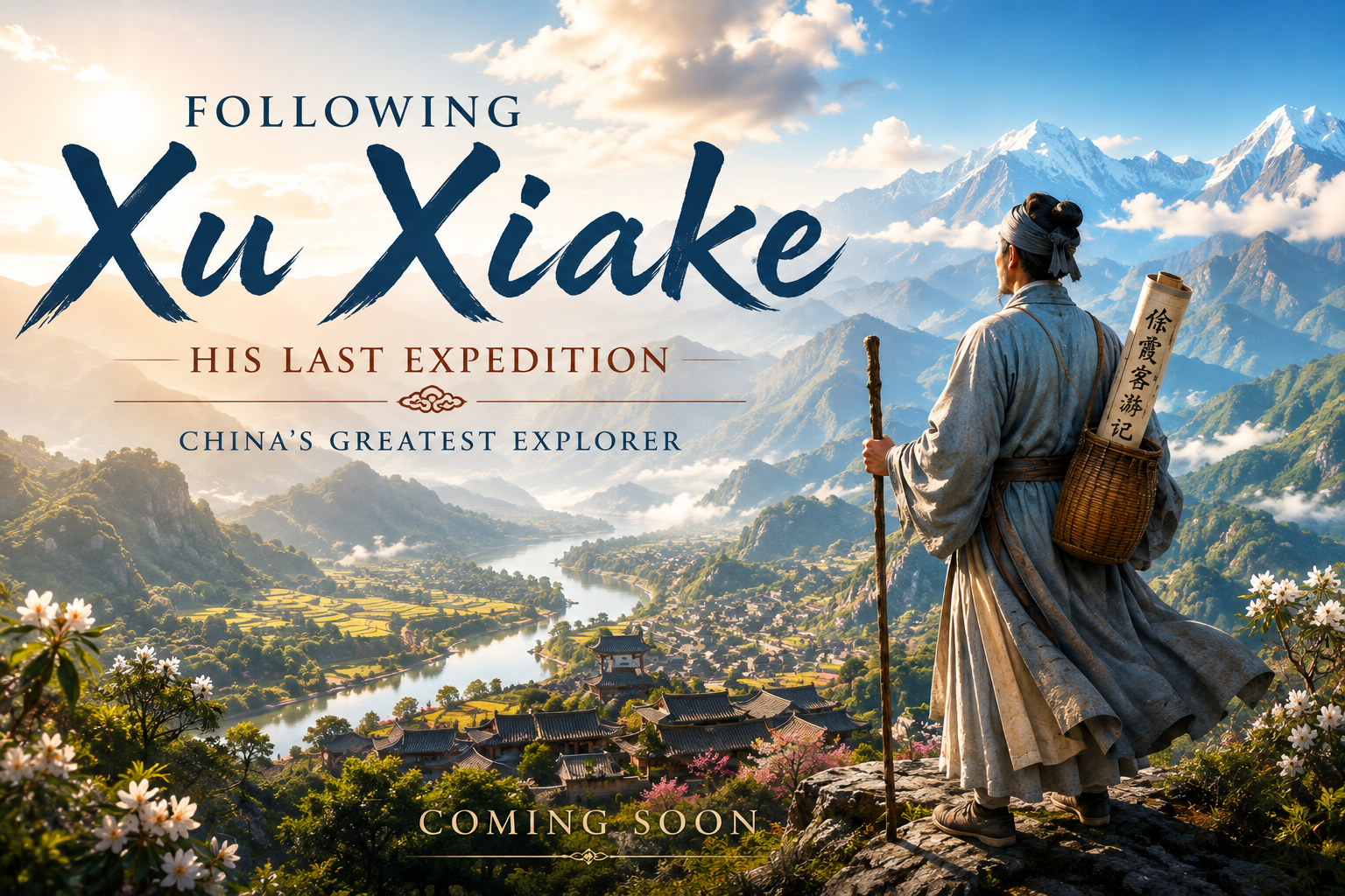 A promotional image for a documentary titled 'Following Xu Xiake: His Last Expedition,' featuring a traditional Chinese traveler with a staff and a woven basket on his back, overlooking a lush river valley with mountains in the background, blooming flowers in the foreground, and a partly cloudy sky.