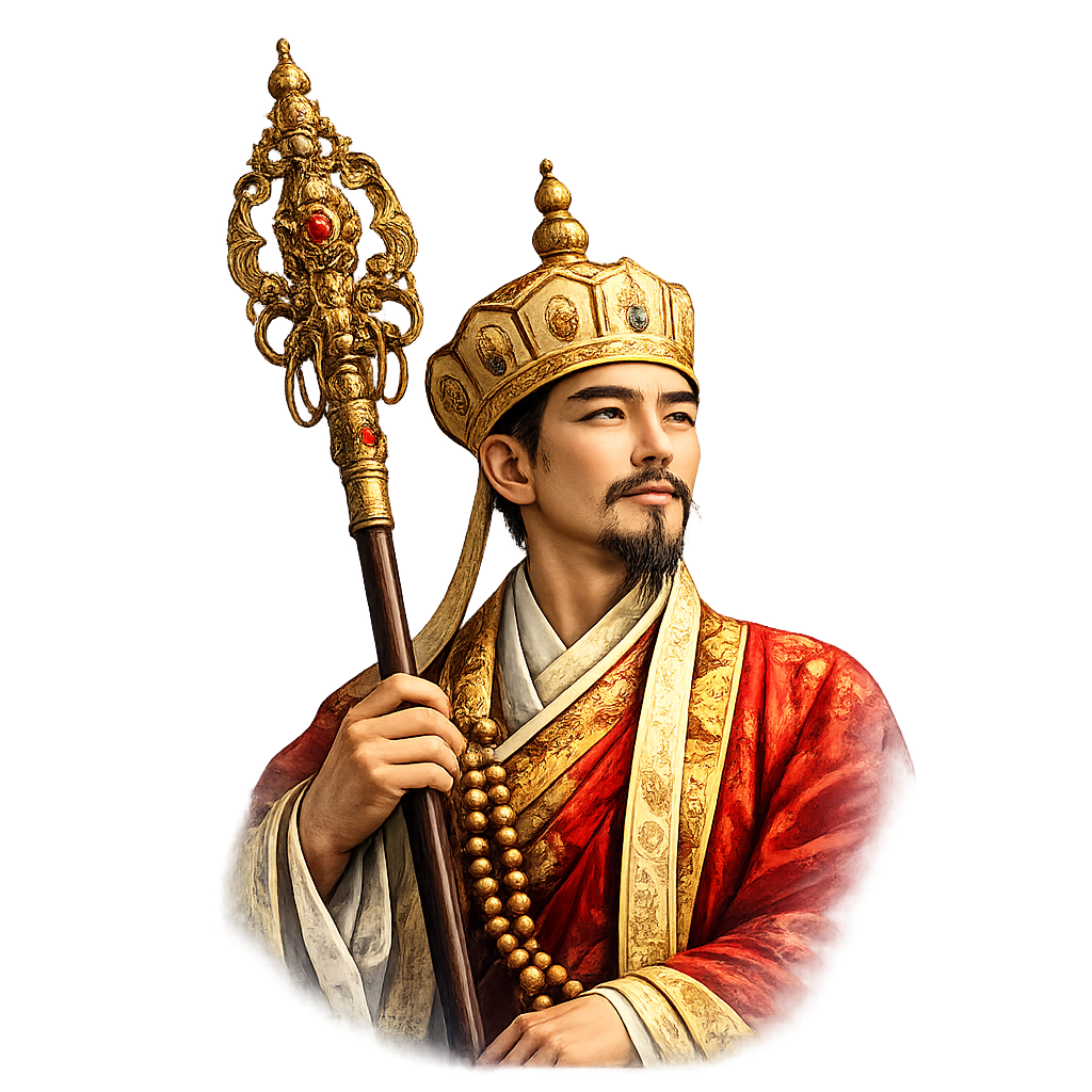 A man dressed as an ancient Asian emperor or king wearing a golden crown and robes, holding a scepter, with a serious expression.