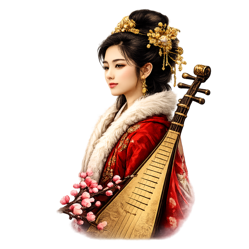 A woman dressed in traditional Asian attire with a red garment, gold and floral hair accessories, holding a pipa, a string musical instrument, and surrounded by pink blossoms.