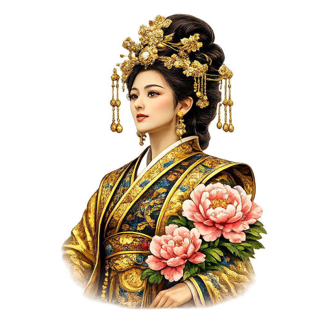 A woman dressed in traditional Asian ceremonial attire with an elaborate gold headdress, holding pink peonies.