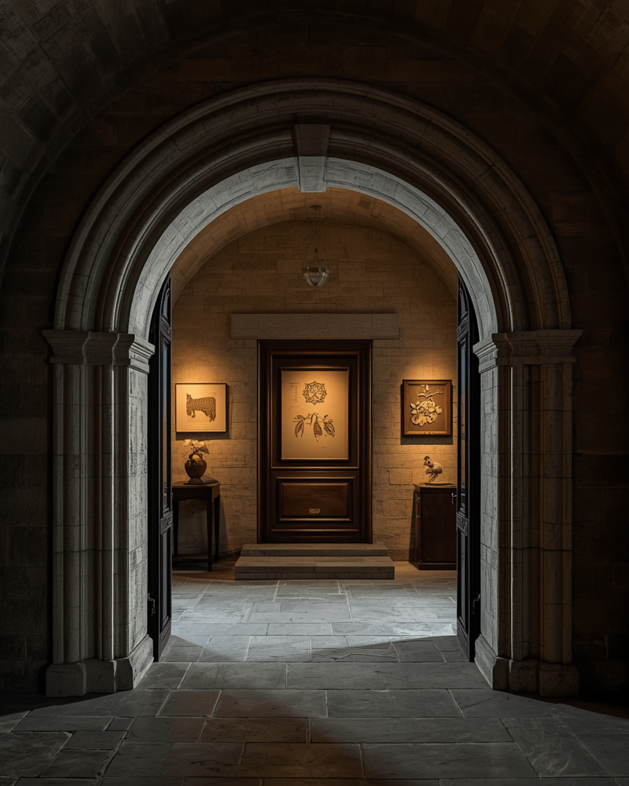 An arched stone hallway or entrance inside a historic or religious building, with framed artwork on the walls and a stone floor.
