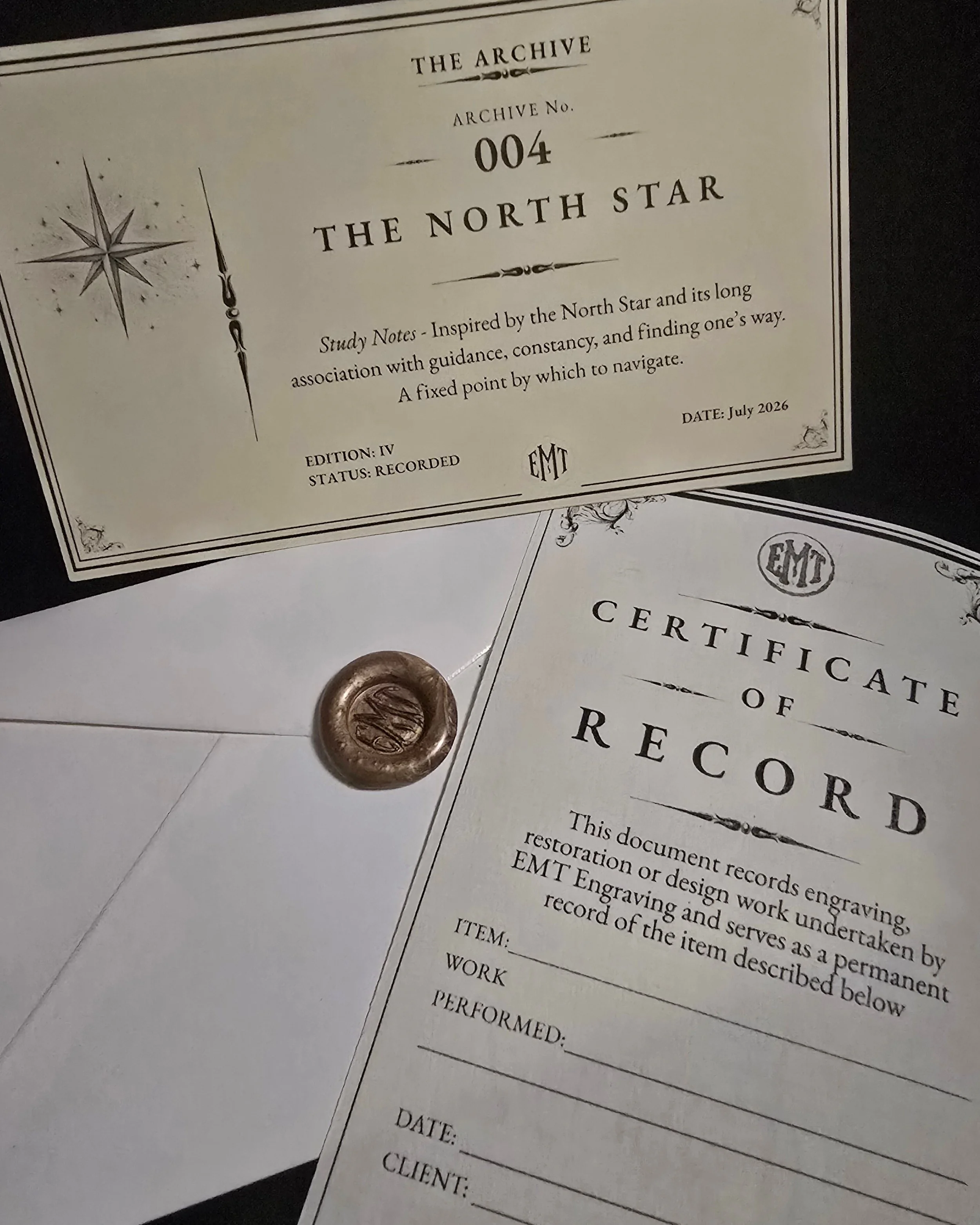 A close-up of a document titled 'The Archive' with the archive number 004 and titled 'The North Star,' featuring a compass rose illustration, a wax seal, and part of another document underneath, with typed and handwritten text and decorative elements.