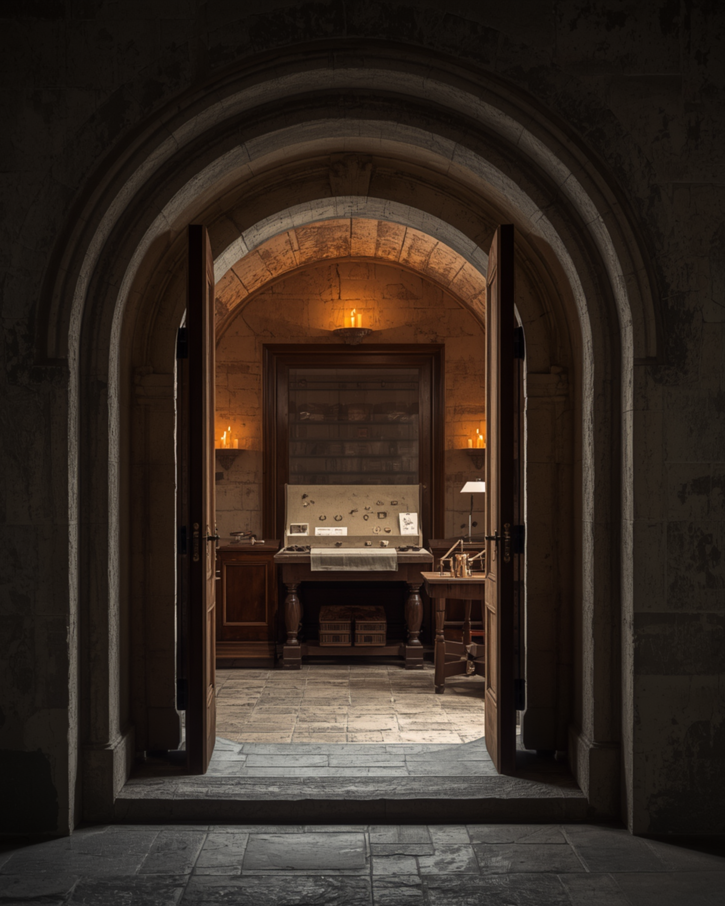 View through an arched stone doorway into a room with lit candles, display case, and wooden furniture.