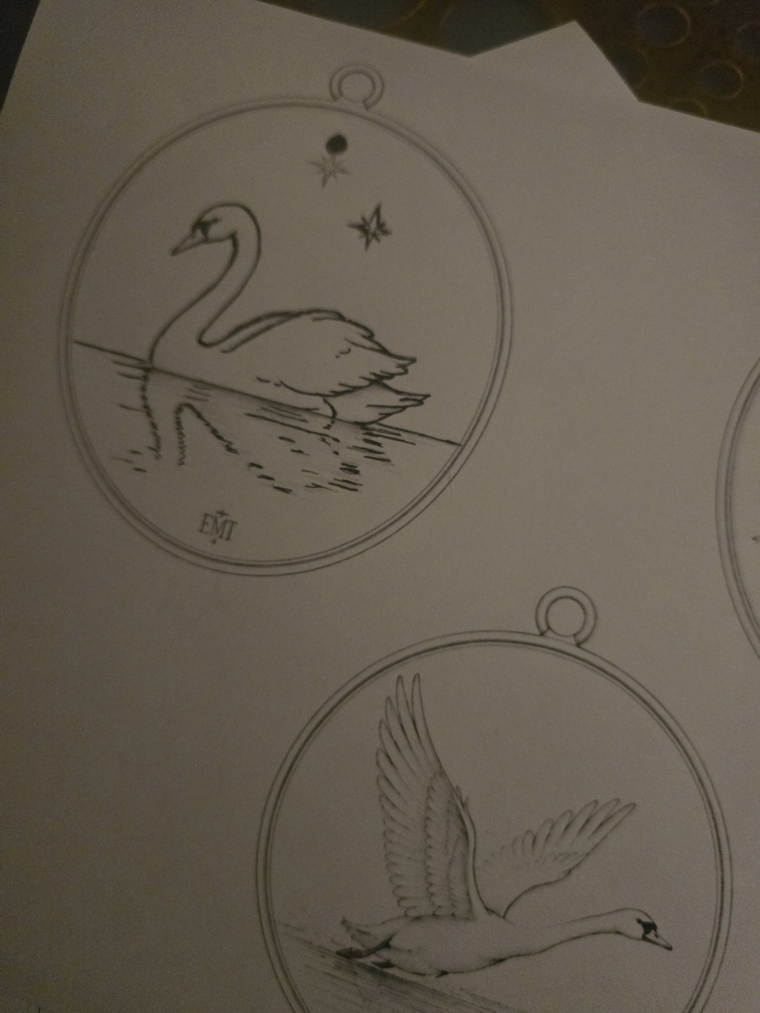 Line drawing of a swan in water with stars and a moon in the background.