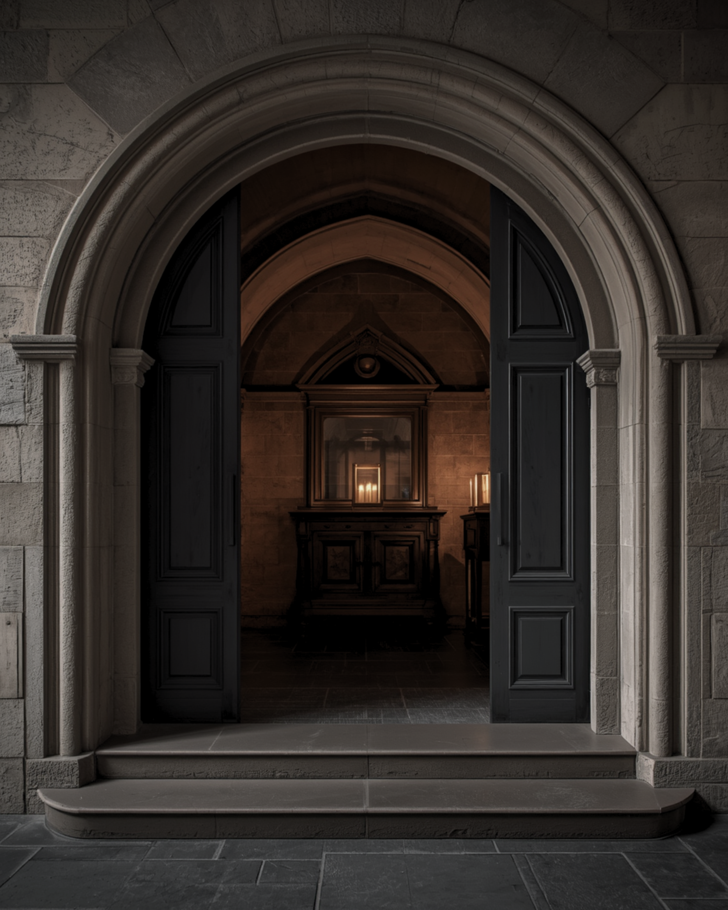Stone archway with open black shutters revealing a dimly lit interior with a framed picture and a candle on a table