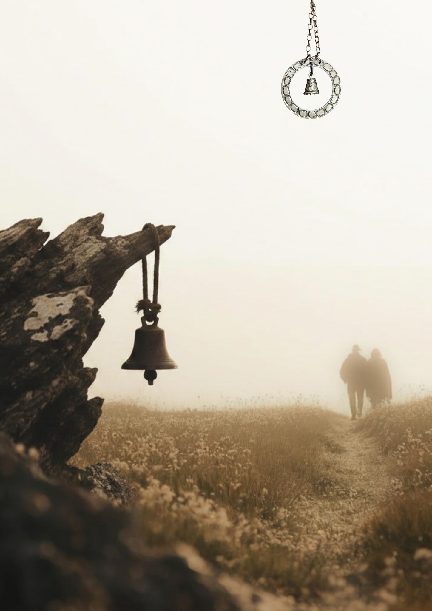 A hazy outdoor scene with a rock formation and a bell hanging from a wooden structure. In the background, two people are walking in a field, with fog or mist creating a soft, light. A small pendant necklace features hand engraving.