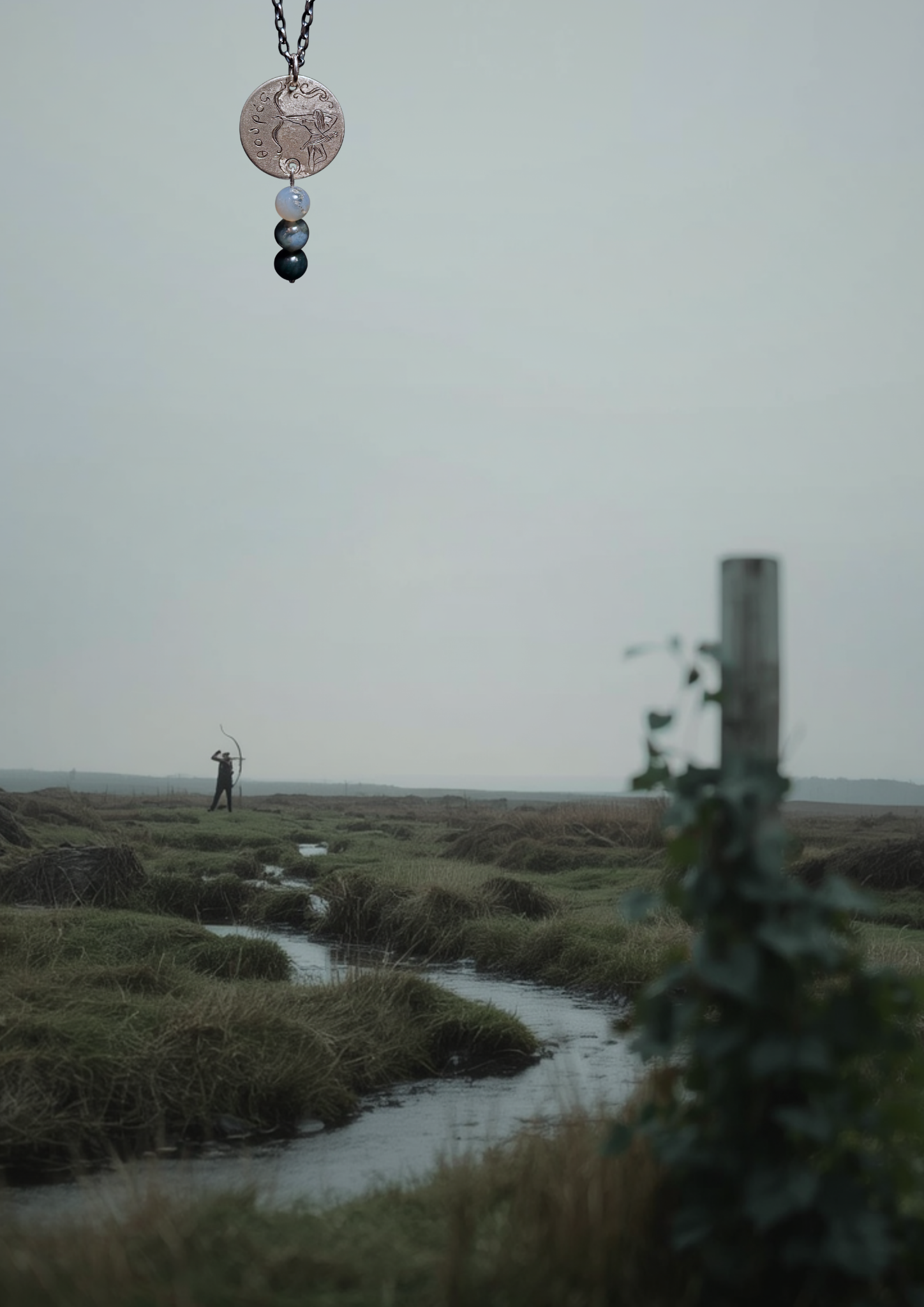 A person shooting an arrow in a marshland with tall grasses and a small stream, with a hand engraved necklace hanging in the foreground.