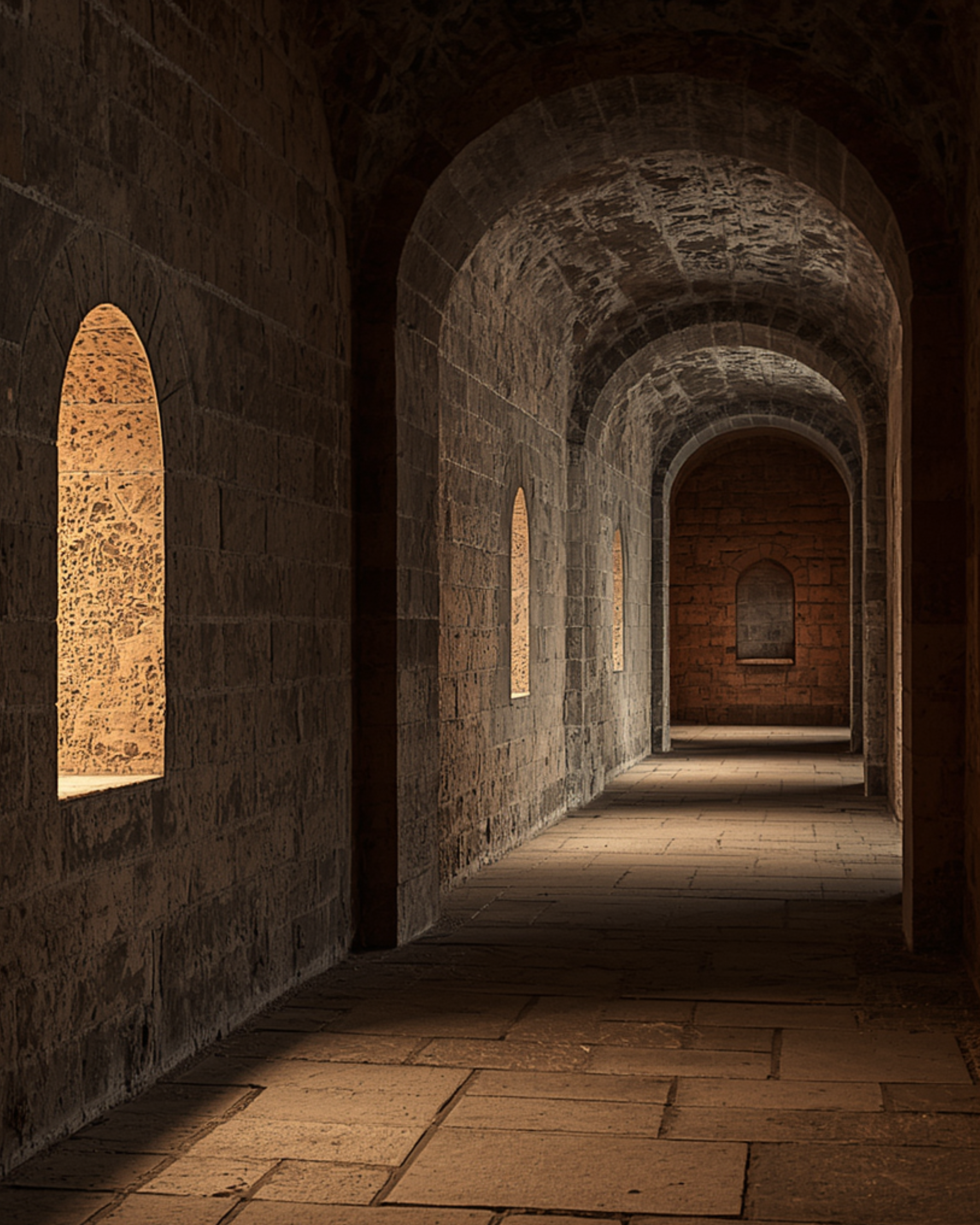 A stone corridor with arches and small, illuminated windows along the side wall, creating a warm contrast in a historical or architectural setting.