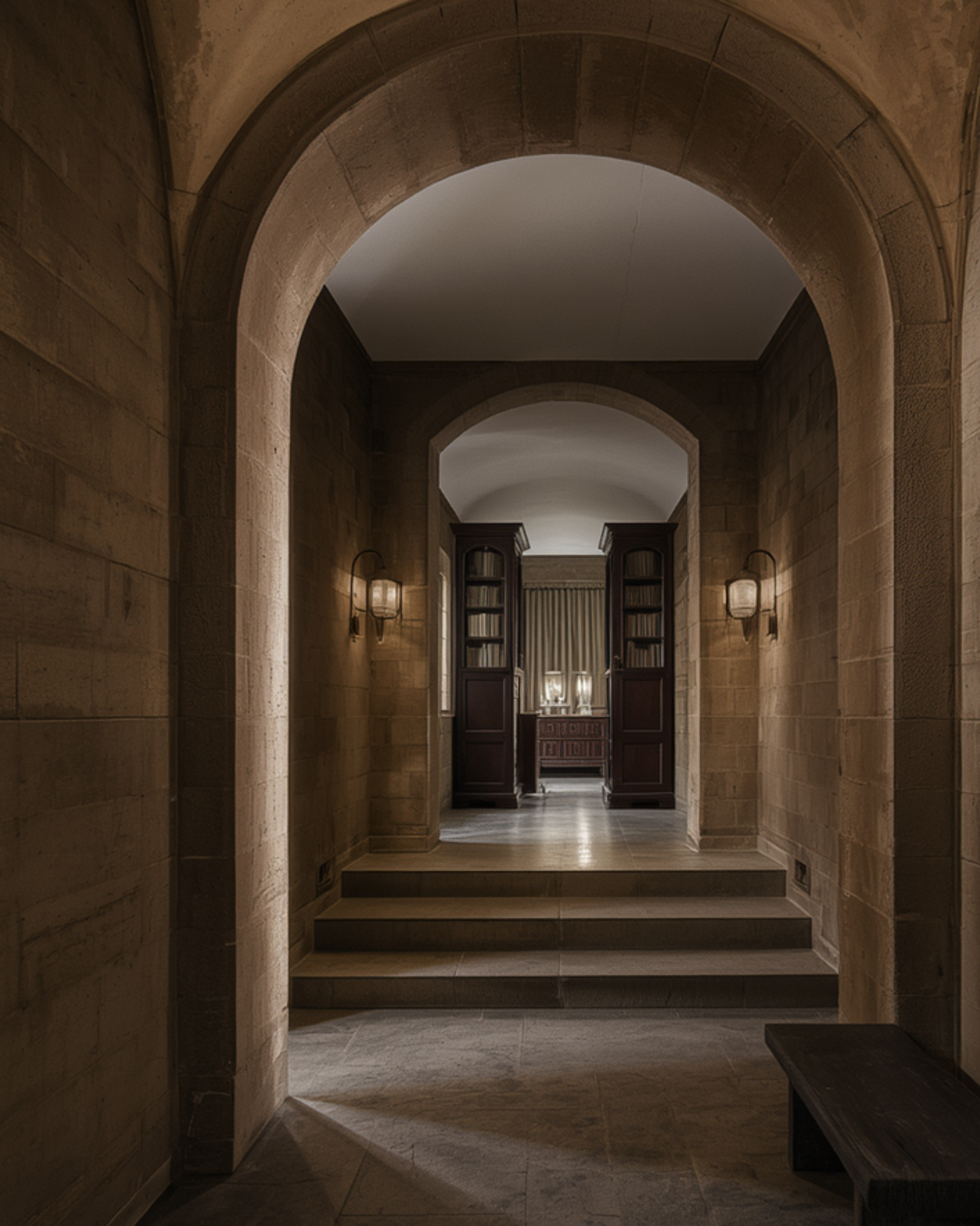 Interior of a historic stone building hallway with arches, a wooden bookshelf, and wall-mounted lamps.