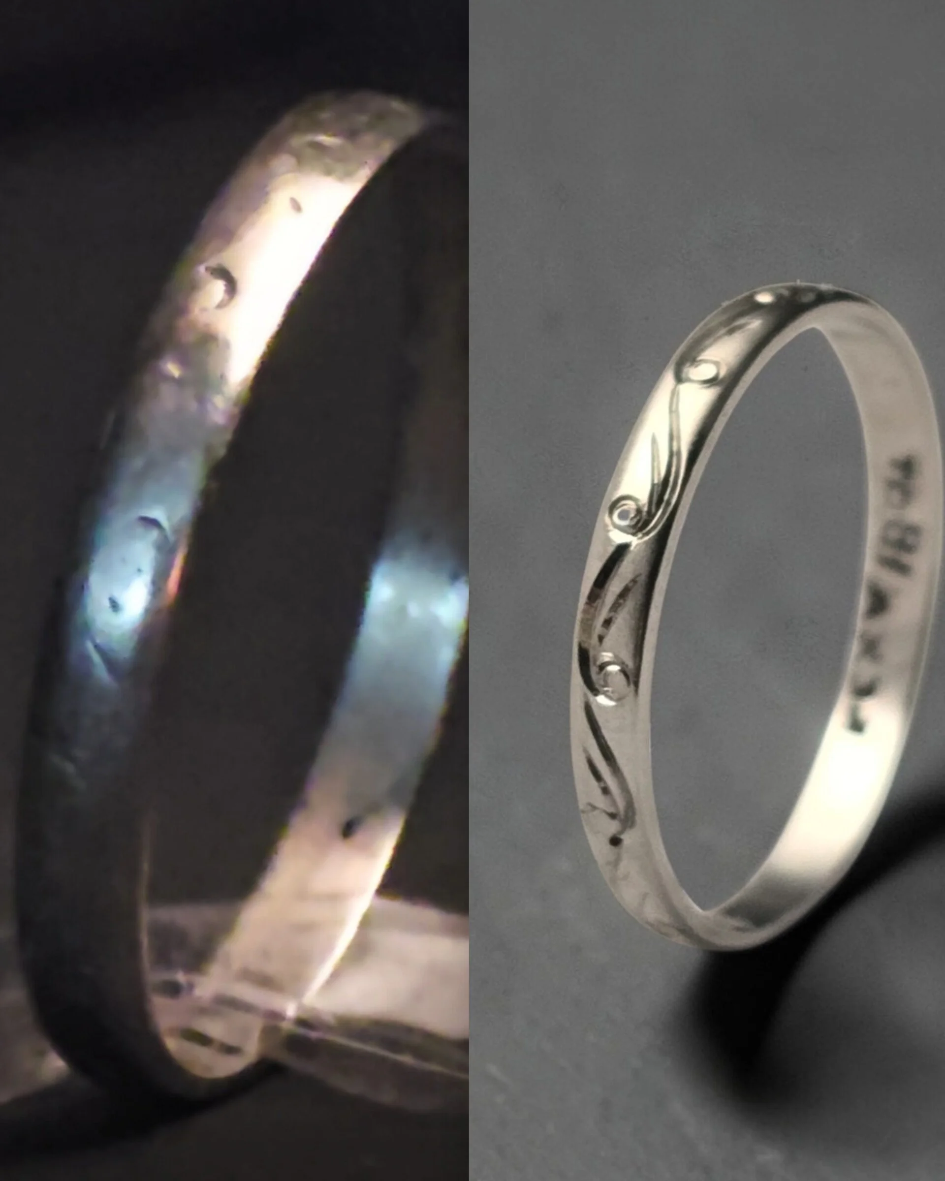 Close-up images of white gold engagement and wedding rings featuring scroll work, one needing restoration and the other after careful traditional hand engraving restoration.