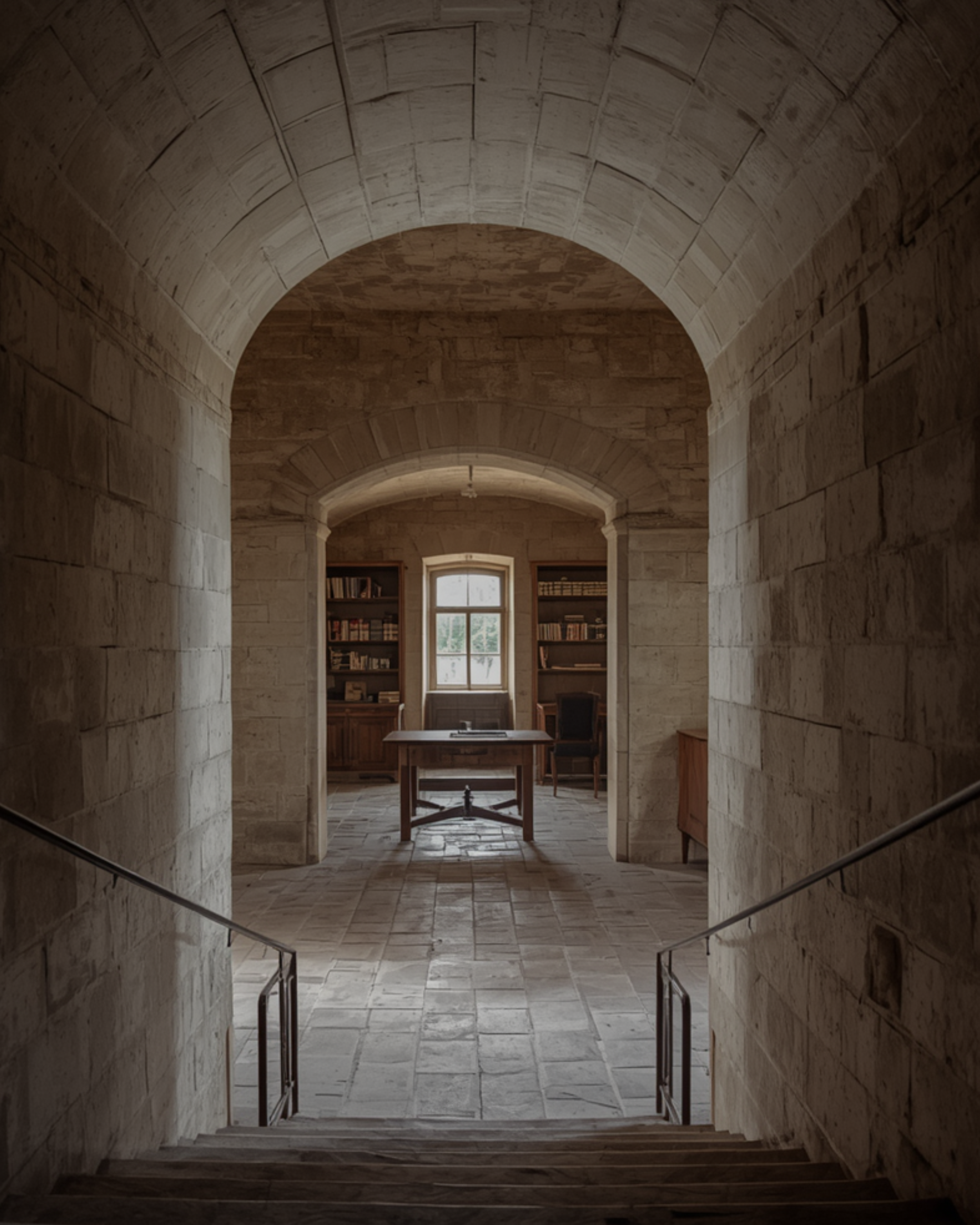 Stone hallway with arched ceiling leading to a room with a window, bookshelf, and table.