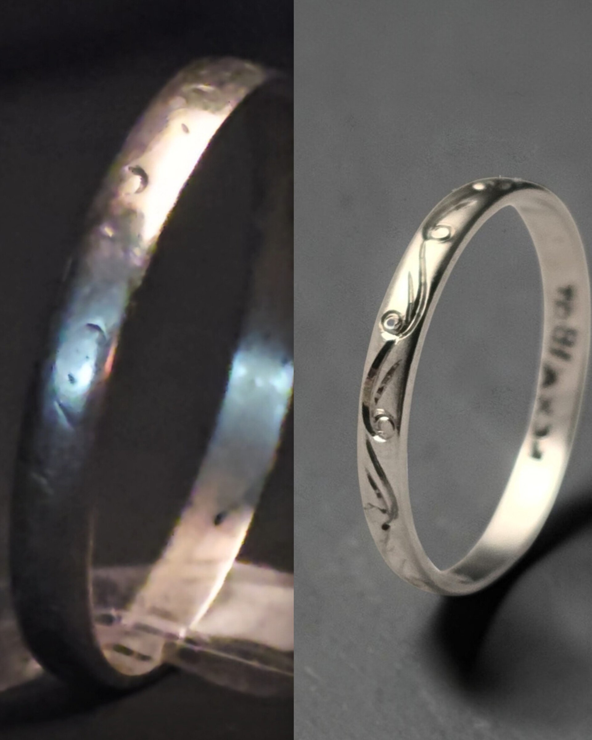 Close-up of a white gold wedding or engagement band featuring a restored unique bespoke scroll hand engraved pattern.