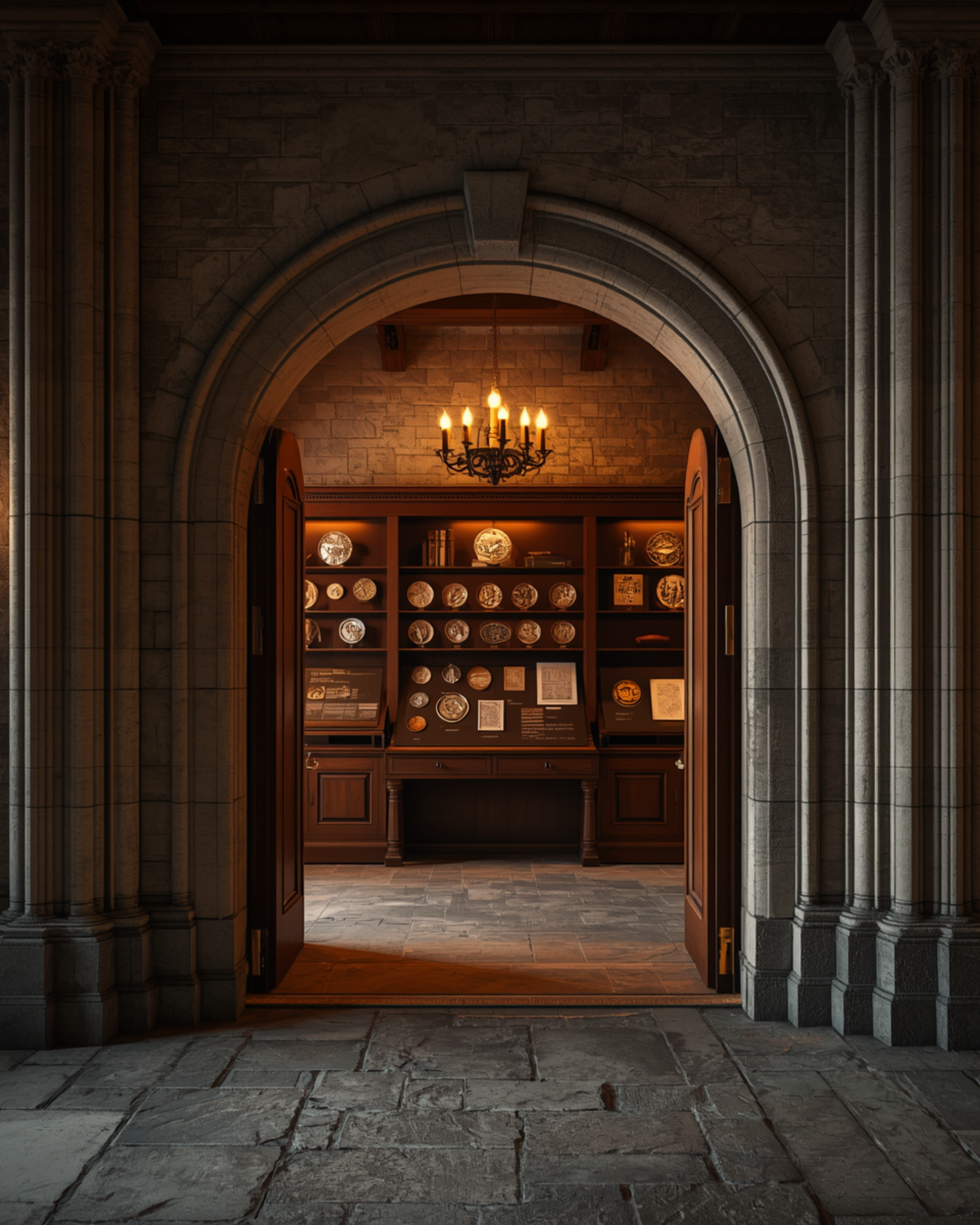 View of an arched gateway leading into a room with a showcase of decorative plates and framed photos, illuminated by a chandelier, stone walls and floor.
