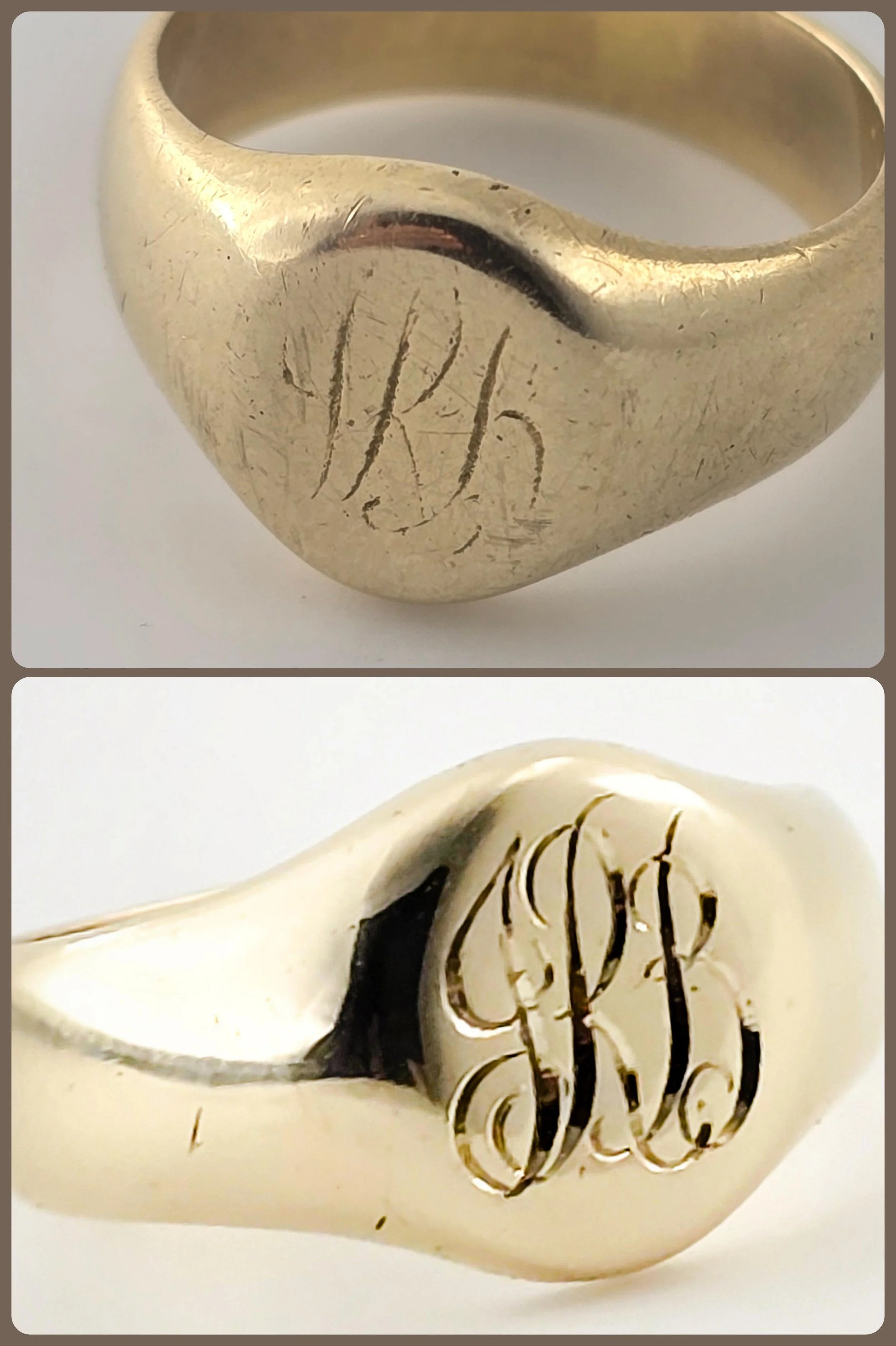 Close-up of a gold ring with a hand engraved monogram, and a gold ring carefully restored by traditional hand engraving in Adelaide